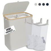 YIHATA 140L Laundry Basket 2 Section, Large Laundry Basket with Lid Collapsible Laundry Hamper with Bamboo Handles and Labels, Divided Dirty Clothes Hamper for Bedroom,Laundry and Toys, White