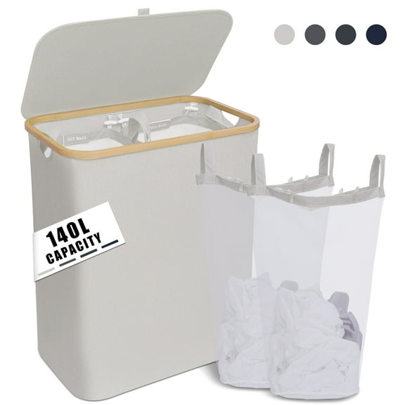 YIHATA 140L Laundry Basket 2 Section, Large Laundry Basket with Lid Collapsible Laundry Hamper with Bamboo Handles and Labels, Divided Dirty Clothes Hamper for Bedroom,Laundry and Toys, White