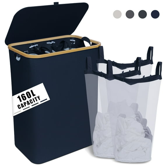 YIHATA 160L Laundry Basket 3 Section, Large Laundry Basket with Lid Collapsible Laundry Hamper with Bamboo Handles and Labels, Divided Dirty Clothes Hamper for Bedroom,Laundry and Toys, Navy Blue