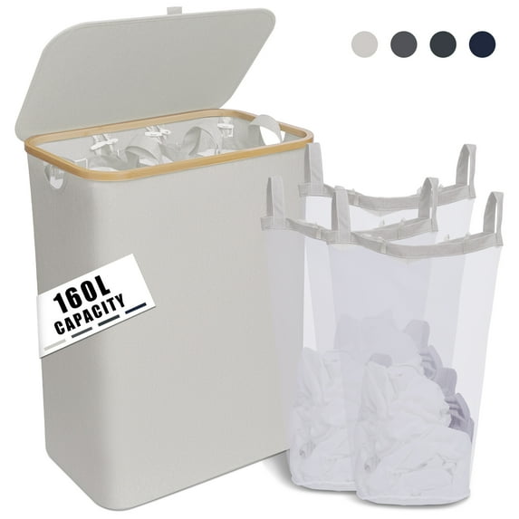 YIHATA 160L Laundry Basket 3 Section, Large Laundry Basket with Lid Collapsible Laundry Hamper with Bamboo Handles and Labels, Divided Dirty Clothes Hamper for Bedroom,Laundry and Toys, White