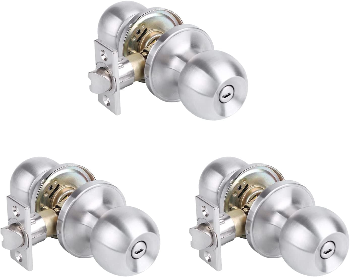 Leydebong 3-Pack Keyless Privacy Door Knobs – Gold Satin Brass Finish, Push-Button Lock For Bedroom & Bathroom, Fits 35-44mm Doors, ANSI Grade 3