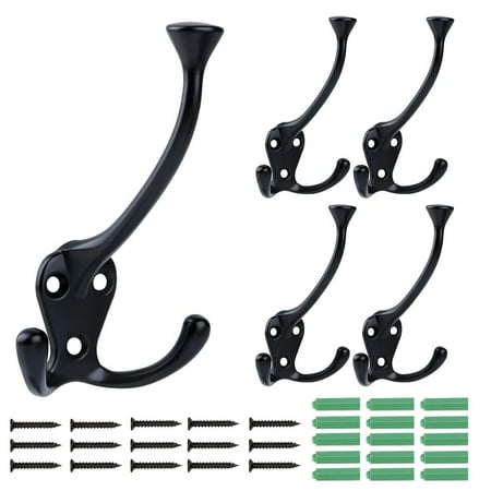 YIHATA 5 Pack Big Heavy Duty Three Prongs Coat Hooks Wall Mounted with 15 Screws Retro Double Utility Rustic Hooks for Thick Coat (Black)