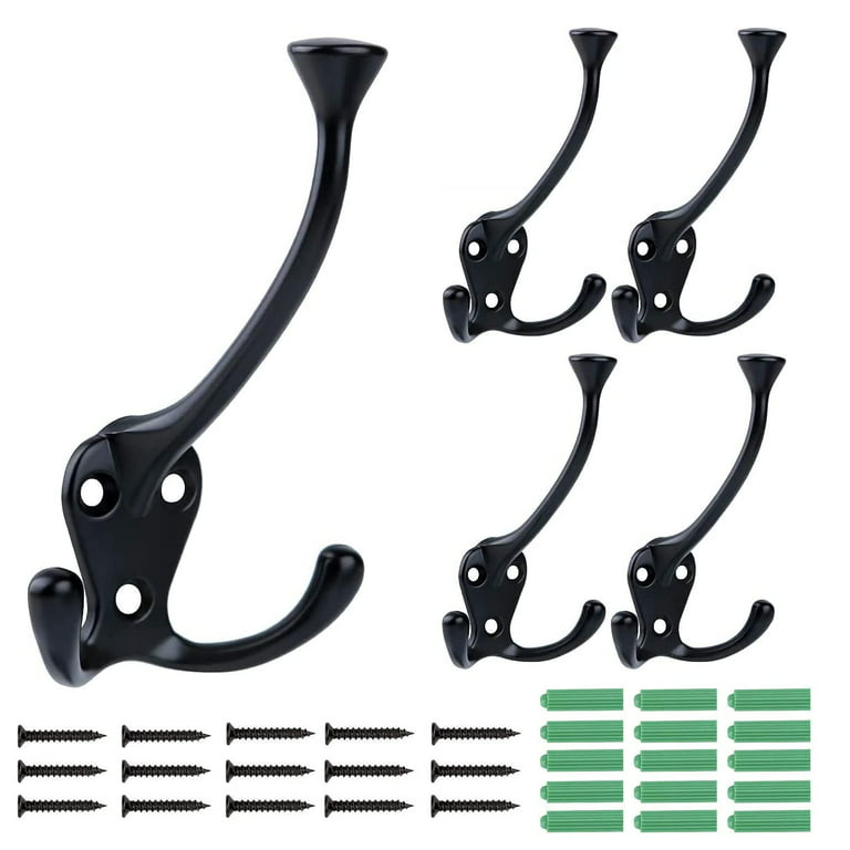 YIHATA 5 Pack Big Heavy Duty Three Prongs Coat Hooks Wall Mounted with 15  Screws Retro Double Utility Rustic Hooks for Thick Coat (Black)