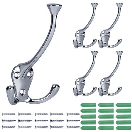 YIHATA 5 Pack Big Heavy Duty Three Prongs Coat Hooks Wall Mounted with 15 Screws Retro Double Utility Rustic Hooks for Thick Coat (Silver)