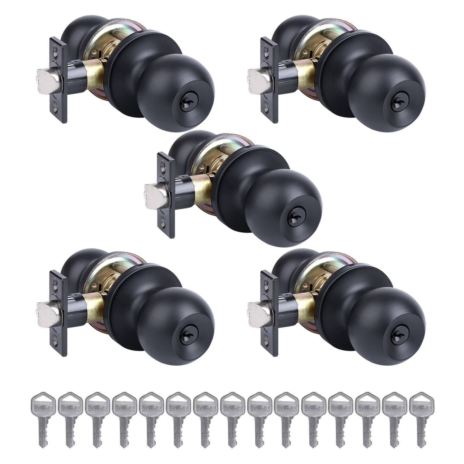 YIHATA 5 Pack Entry Doorknobs, Keyed Alike, Entry Doorknob Lock with Keys, for Front Door, Exterier and Interier Doors, Matte Black