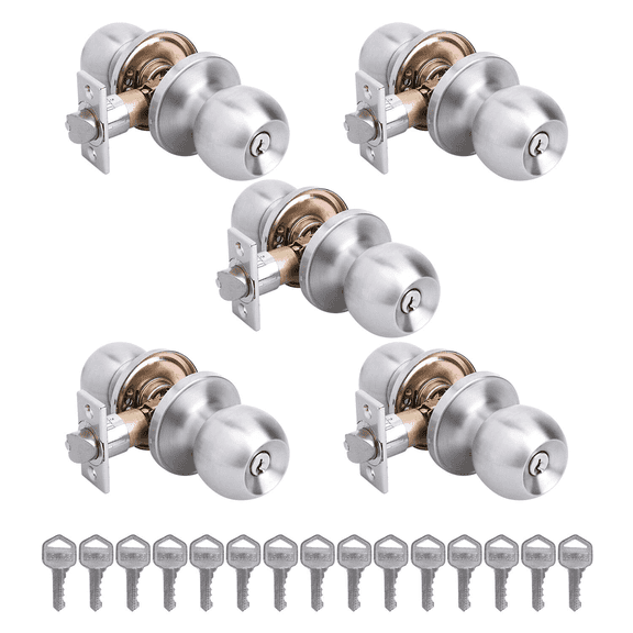 YIHATA 5 Pack Keyed Alike Doorknobs, Entry Doorknob Lock with Keys, Round Ball Door Knobs for Front Door, Exterier and Interier Doors, Satin Nickel Finish