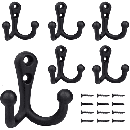 YIHATA 6 Packs Coat Hooks Wall Mount Metal Double Hooks for Bathroom, Bedroom, Laundry Room, Cloakroom(Black)