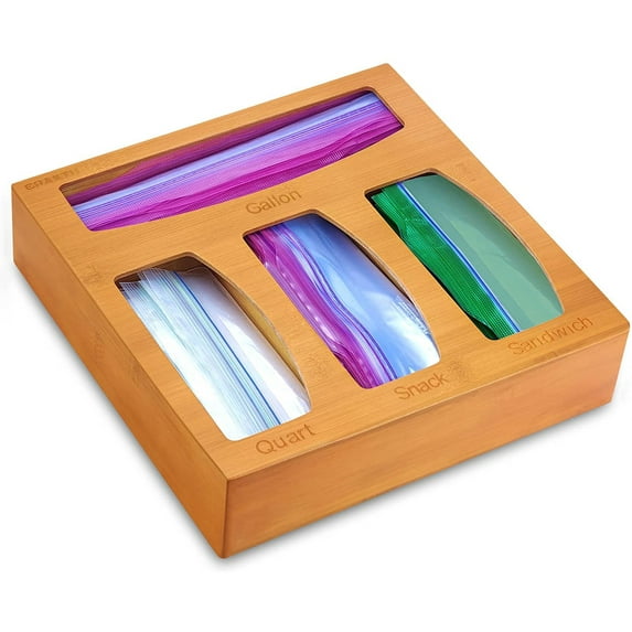 YIHATA Bamboo Ziplock Bag Storage Organizer for Kitchen Drawer or Wall Mount, Food Storage Bag Organizer Box, Compatible with Sandwich, Gallon, Quart and Snack (Ziplock and Slider Bags)