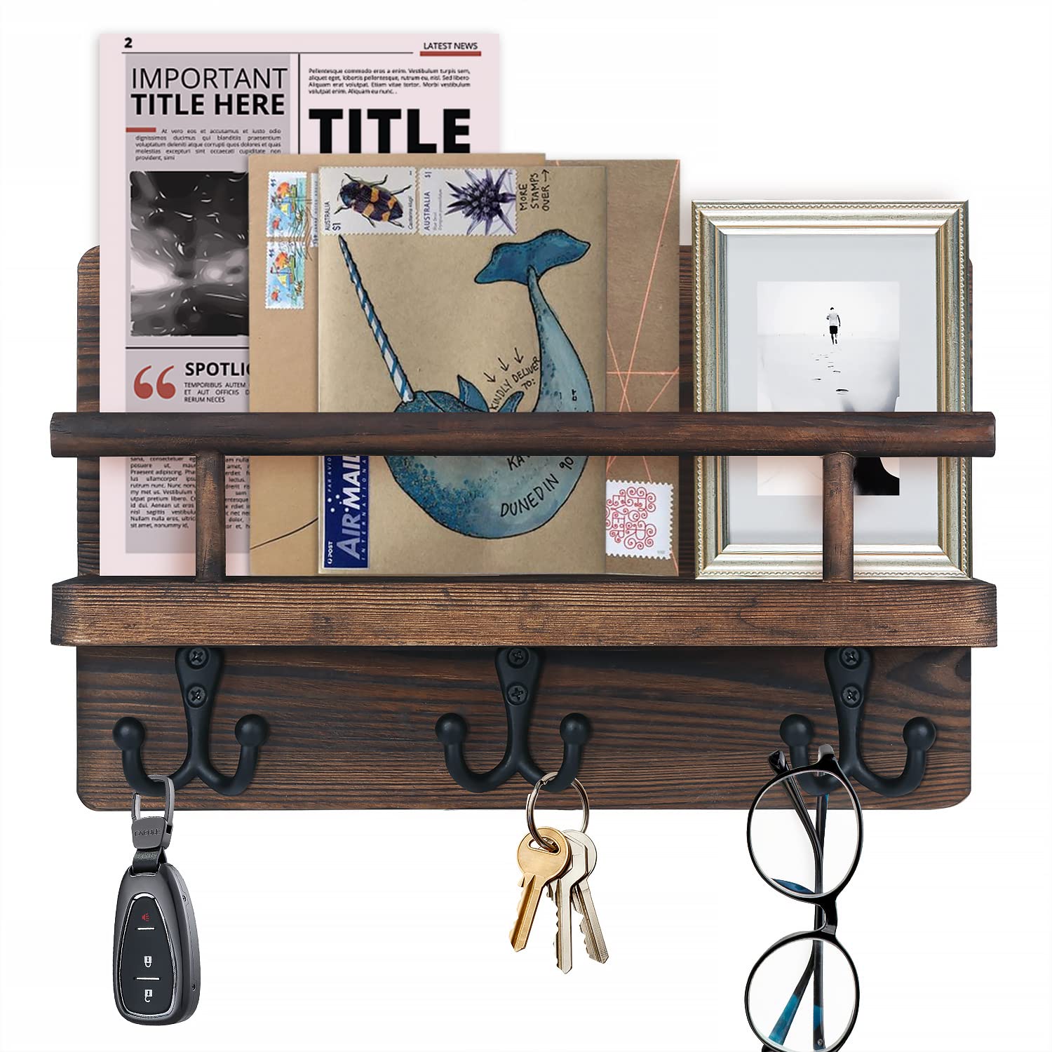 Wall Mounted Mail Holder Wooden Mail Sorter Organizer with 4 Double Key