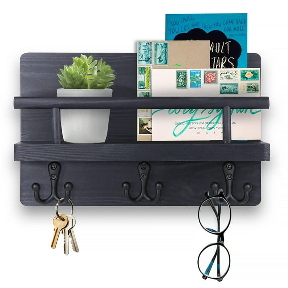 YIHATA Key and Mail Holder for Wall Hooks Key Hanger for Wall with Shelf Wood Wall Shelf with Hooks for Wall Decorative Retro Hanging Organizer Rustic Farmhouse Decor for Entryway (Black)