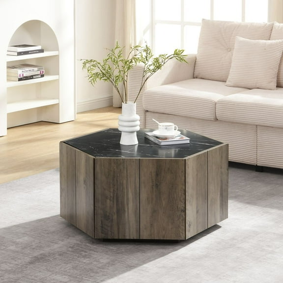 YIINGYING Hexagonal Coffee Table, with 2 Hidden Drawers, Farmhouse Center Table with Textured Marble Tops Cocktail Table for Home Office