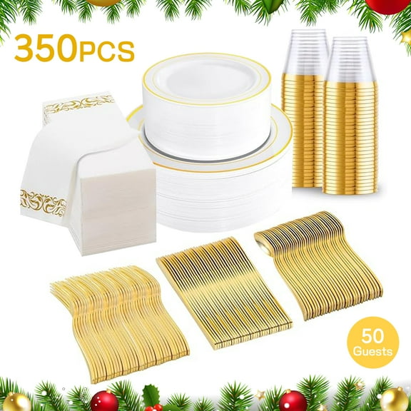 YIJ2 350Pcs Gold Disposable Dinnerware Set,Plastic Plates for Christmas Party, Wedding,Camping,for 50 Guests