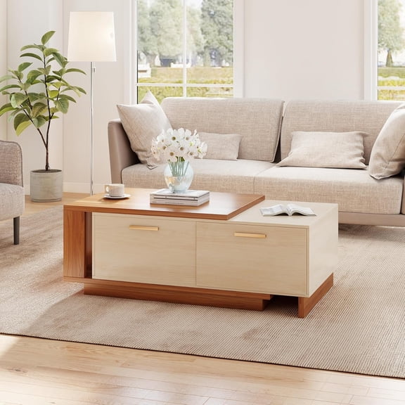 YIJ2 42"- 65" Extendable Coffee Table with Storage, Reversible Wood Coffee Table with 2 Drawers, Two-Tone Large Adjustable Center Table for Living Room, Office
