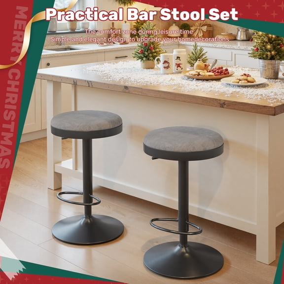 YIJ2 Modern Swivel Bar Stools Set,Adjustable Counter Height Backless Barstools with Metal Base Leather Upholstered Round Bar Stool Chairs for Kitchen Island/Pub/Breakfast Bar, Grey