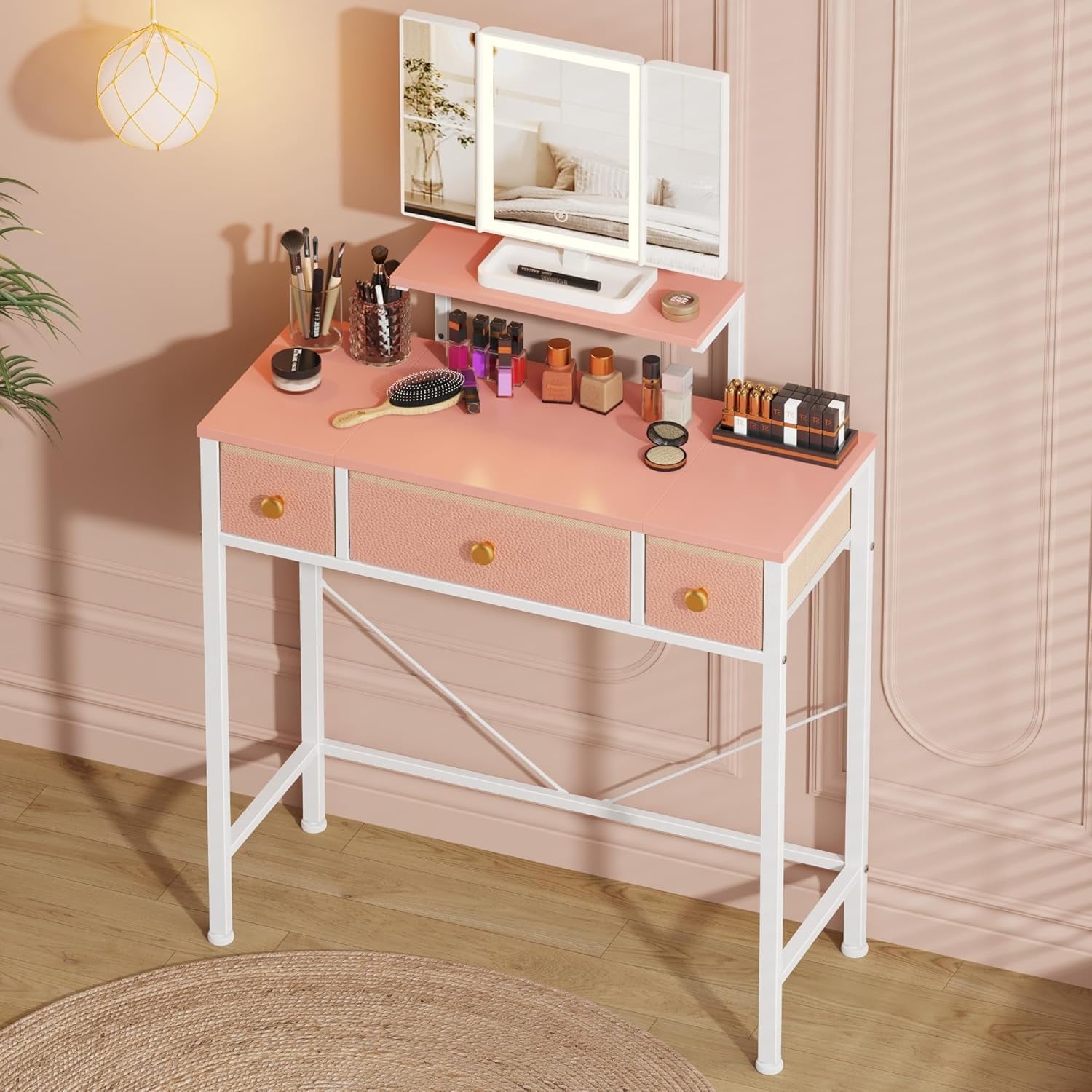 YIJ2 Small Makeup Vanity Desk with 3 Fabric Drawers, Vanity Table 11.8 ...