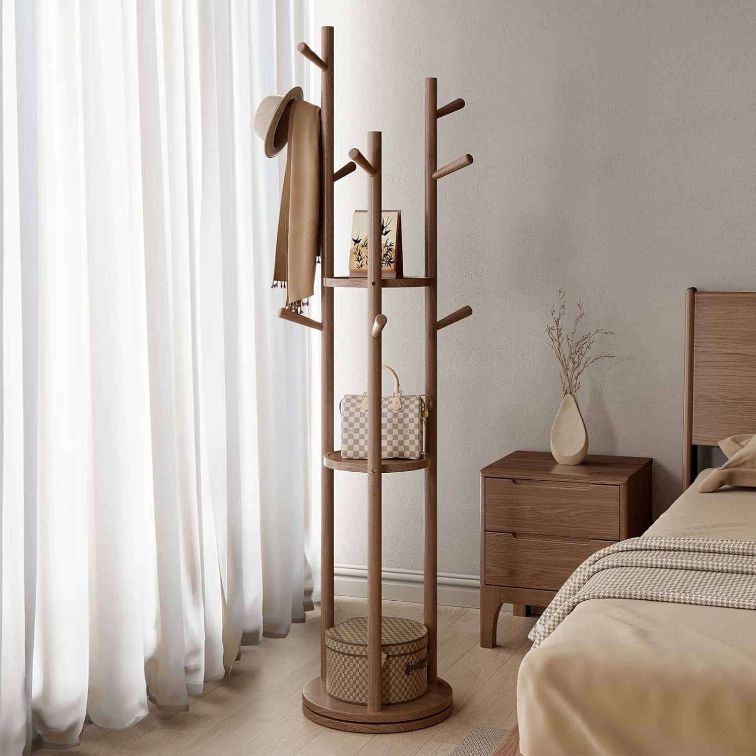 YIJ2 Solid Wood Rotary Coat Rack, Freestanding Coat Rack with 3 Shelves ...