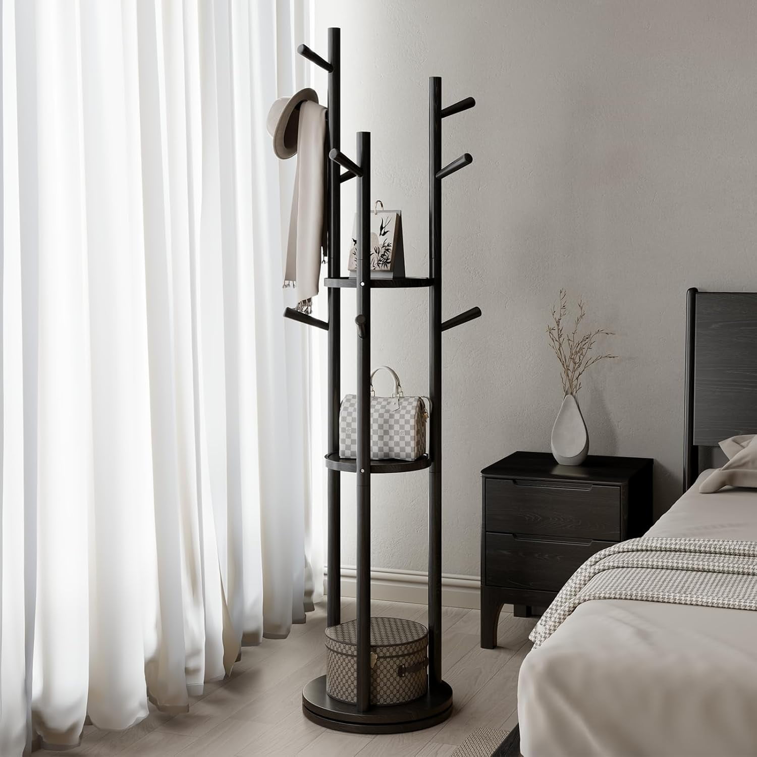 YIJ2 Solid Wood Rotary Coat Rack, Freestanding Coat Rack with 3 Shelves ...