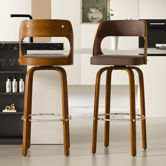 YIJ2 Swivel Bar Stools Set of 2, Walnut Counter Height Bar Stools with Back and Arms, 26" Modern Faux Leather Upholstered Bar Chairs with Bentwood Frame for Kitchen Island Bar,White