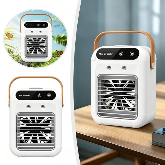 YIJIA Dual Nozzle Mist Evaporative Cooler, Shatter Resistant White Plastic Mini Portable Cooling Fan, 8.3 Inch Wooden Carry Handle Tabletop Humidifying Air Cooler, 1 Unit