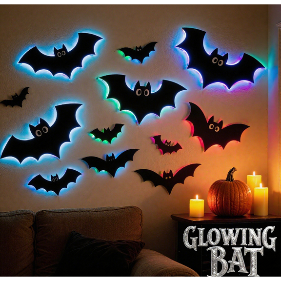YIKA 2025 New Halloween Stereoscopic Lighted Bats, LED Color Lighted Bats Halloween Decoration, Upgrade LED Glowing Bat Group Hanging Wall Luminous Glow Clings Multipack 36pc B