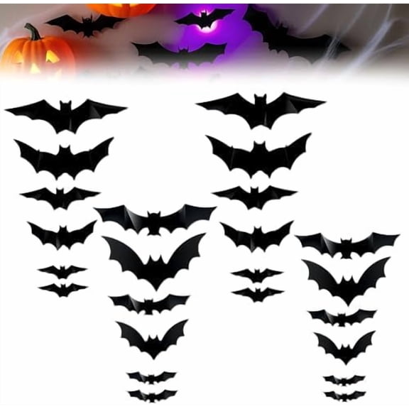 YIKA 2025 New Halloween Stereoscopic Lighted Bats, LED Color Lighted Bats Halloween Decoration, Upgrade LED Glowing Bat Group Hanging Wall Luminous Glow Clings Multipack 24pcs B
