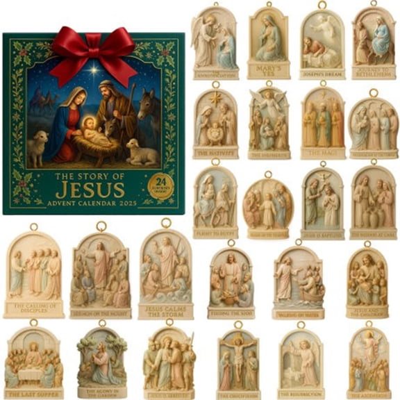 YIKA 2025 The Story Of Advent Calendar 24 Acrylic Religious Ornaments Christmas Countdown Decor For Home Tree Green