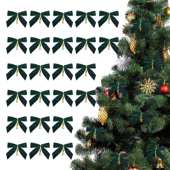 YIKA 24pcs Christmas Bow Flocking Cloth Can Tie Ribbon Christmas Party Decoration Velvet Bow Diy Decoration Christmas Decorations Green