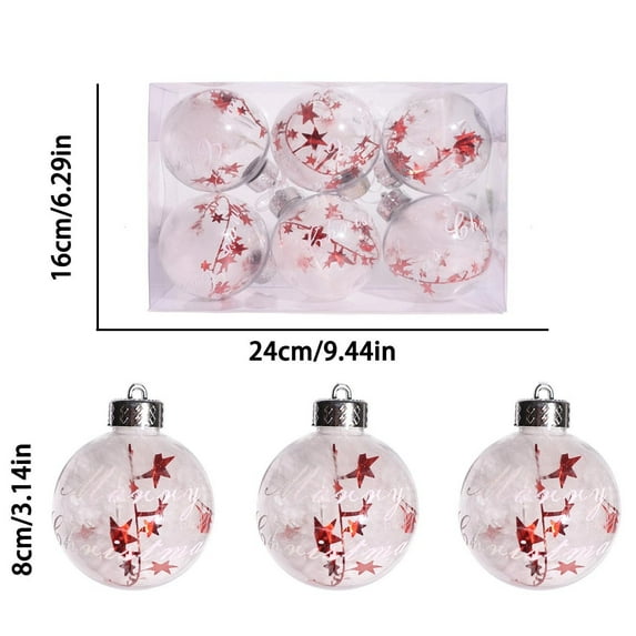 YIKA Christmas 6-Piece 8cm Transparent Gold Glitter Ball Ornament Set Red