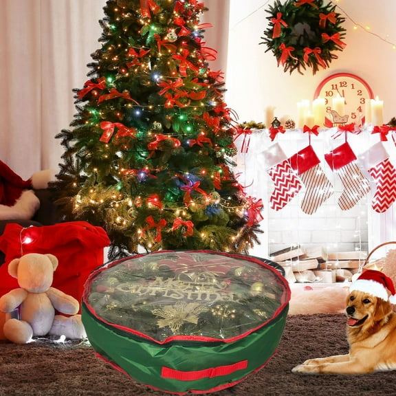 YIKA Christmas Decoration Round Christmas Wreath Organizer Storage Bag One Side Transparent Basketweave Fabric PVC Wreath Storage Box Christmas Ornaments Green