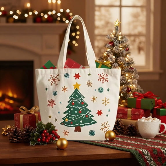 YIKA Christmas Decoration Santa Claus Gifts Christmas Eve Apples Canvas Tote Bag Christmas Gift Bag