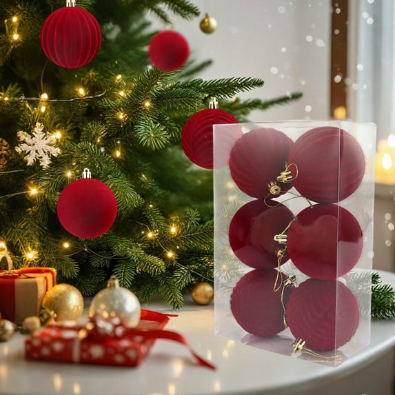 YIKA Christmas Decorations 6 Piece Flocked Christmas Balls Christmas Decoration SetMultiple Styles Of Christmas Tree Decorations Can Also Be Used For Other Party Christmas Tree Decorations Red