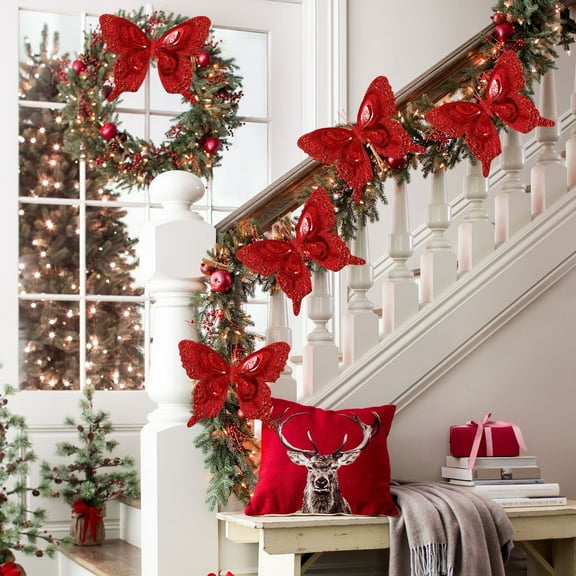 YIKA Christmas Decorations Christmas Simulation Ornaments Christmas Scene Arrangement Sequins Christmas Tree Decoration Fake Butterflies Christmas Decorations Indoor Red