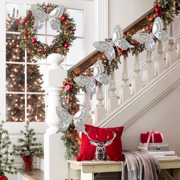 YIKA Christmas Decorations Christmas Simulation Ornaments Christmas Scene Arrangement Sequins Christmas Tree Decoration Fake Butterflies Christmas Decorations Indoor Silver