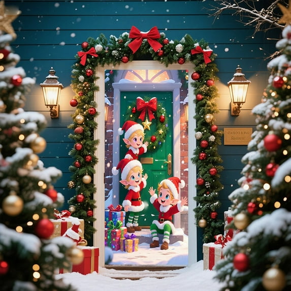 YIKA Christmas Door Curtain Ensigns Outdoor Photo Christmas Day Party Elves Celebration Decoration Background Hanging Decoration Hanging Fabric E
