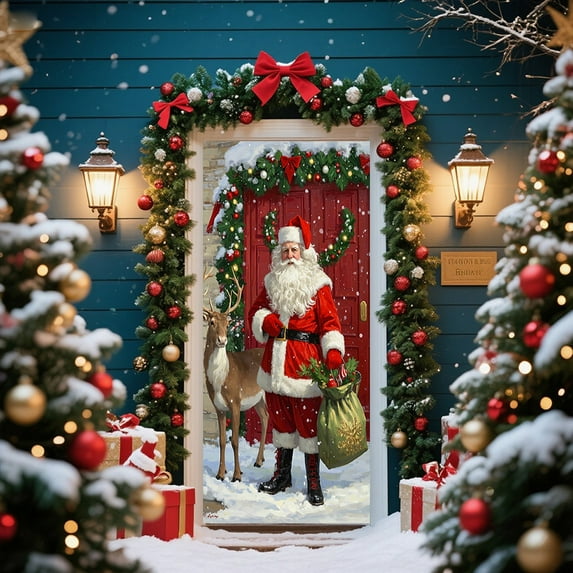YIKA Christmas Door Curtain Flag Outdoor Photo Santa Claus And Puppy Background Decoration Hanging Fabric B