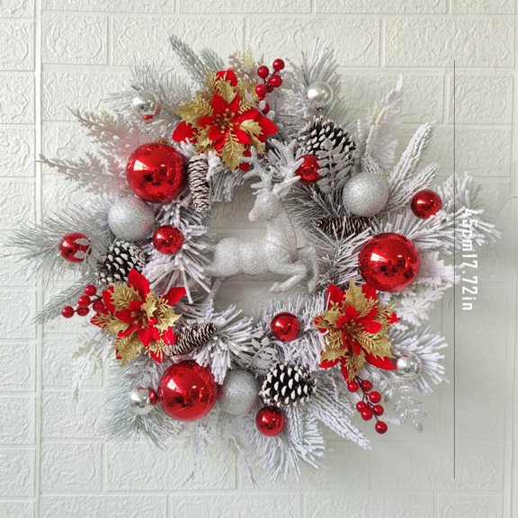 YIKA Christmas Wreath Christmas Deer Flocking Wreath Christmas Balls Pinecone Decoration Wall Hanging Door Hanging