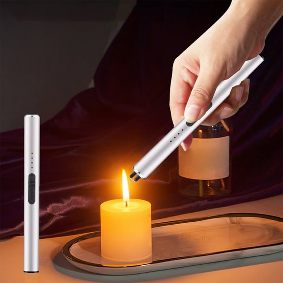 YIKA Electronic Candle Lighter Windproof Flameless USB Rechargeable Lighter With Safe Button For Home Kitchen Silver