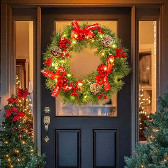 YIKA Flower Wreath Christmas Door Knocker For Front Door Indoor And Outdoor Winter Door Knocker With Christmas Ball Red Fruit Pines Cones Bow Christmas Decorations D