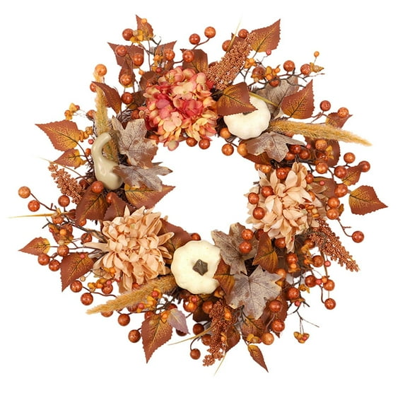 YIKA Halloween Decoration Halloween White Pumpkin Hydrangea And Berry Wreath Spooky And Elegant Decorative Piece F3Halloween Yard Decor