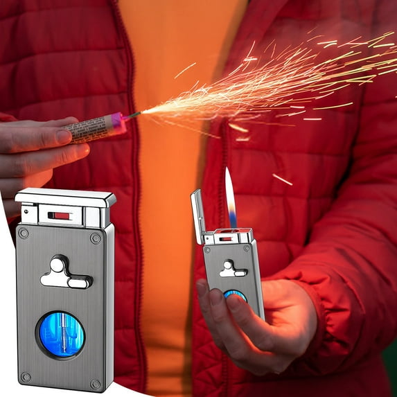 YIKA Intelligent Induction Butane Lighter Windproof Double Flame Lighter Transparent Visible Oil Window Multiple Ignition Adjustable Flame F