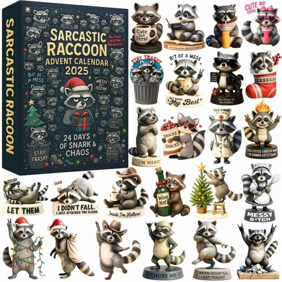 YIKA Sarcastic Raccoon Advent Calendar 2025 24 Days Christmas Countdown Calendars With 24 Humor Jokes Cute Raccoons For Christmas Tree Ornaments Holiday Gift