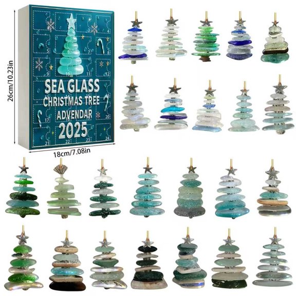 YIKA Sea Glass Christmas Tree Advent Calendar Handmade Miniature Christmas Tree Shape With 24 Collectible 2D Plane Acrylic Hanging Ornaments 24 Days