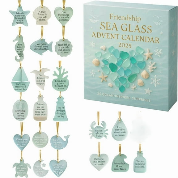YIKA Sea Glass Friendship Advents Calendars 2025 24 Days Christmas Countdown Calendar With Sea Glass Ornaments Friendship Pendant Gift For Family Blue