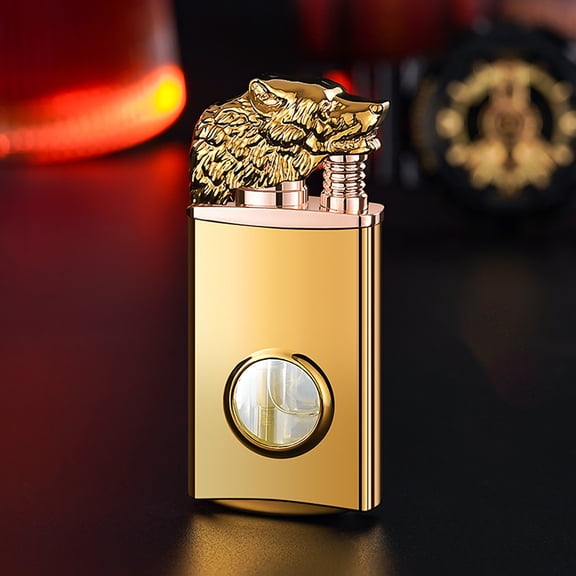 YIKA Wolf Head Luminous Lighter Transparent Warehouse Double Fire Conversion Lighter Gift Box golden
