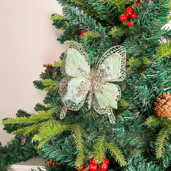 YIKA Xmas Tree Butterflies Decor Artificial Christmas Butterflies Ornament With Clip Glitter For Christmas Tree Wedding Birthday Party Garland Christmas Decorations Christmas Decorations Indoor Green