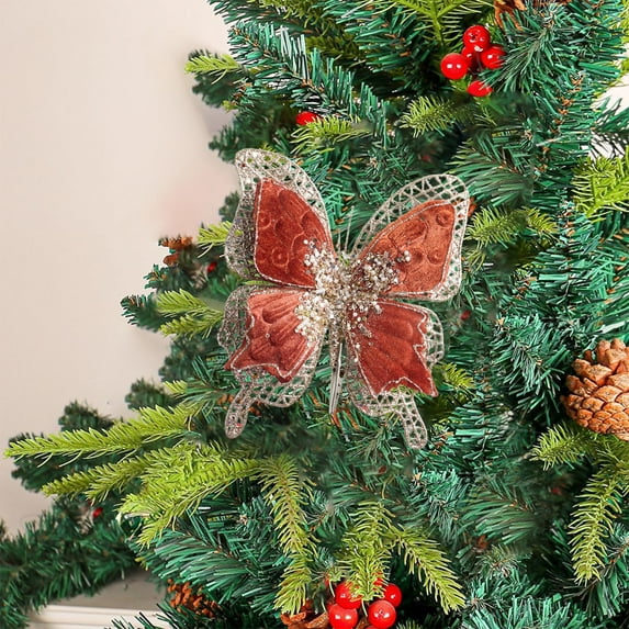 YIKA Xmas Tree Butterflies Decor Artificial Christmas Butterflies Ornament With Clip Glitter For Christmas Tree Wedding Birthday Party Garland Christmas Decorations Christmas Decorations Indoor Brown
