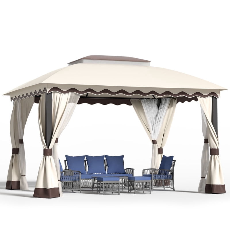 YIKEMA 10×13 Heavy Duty Outdoor Gazebo with Mosquito Netting & Double Roof, Khaki