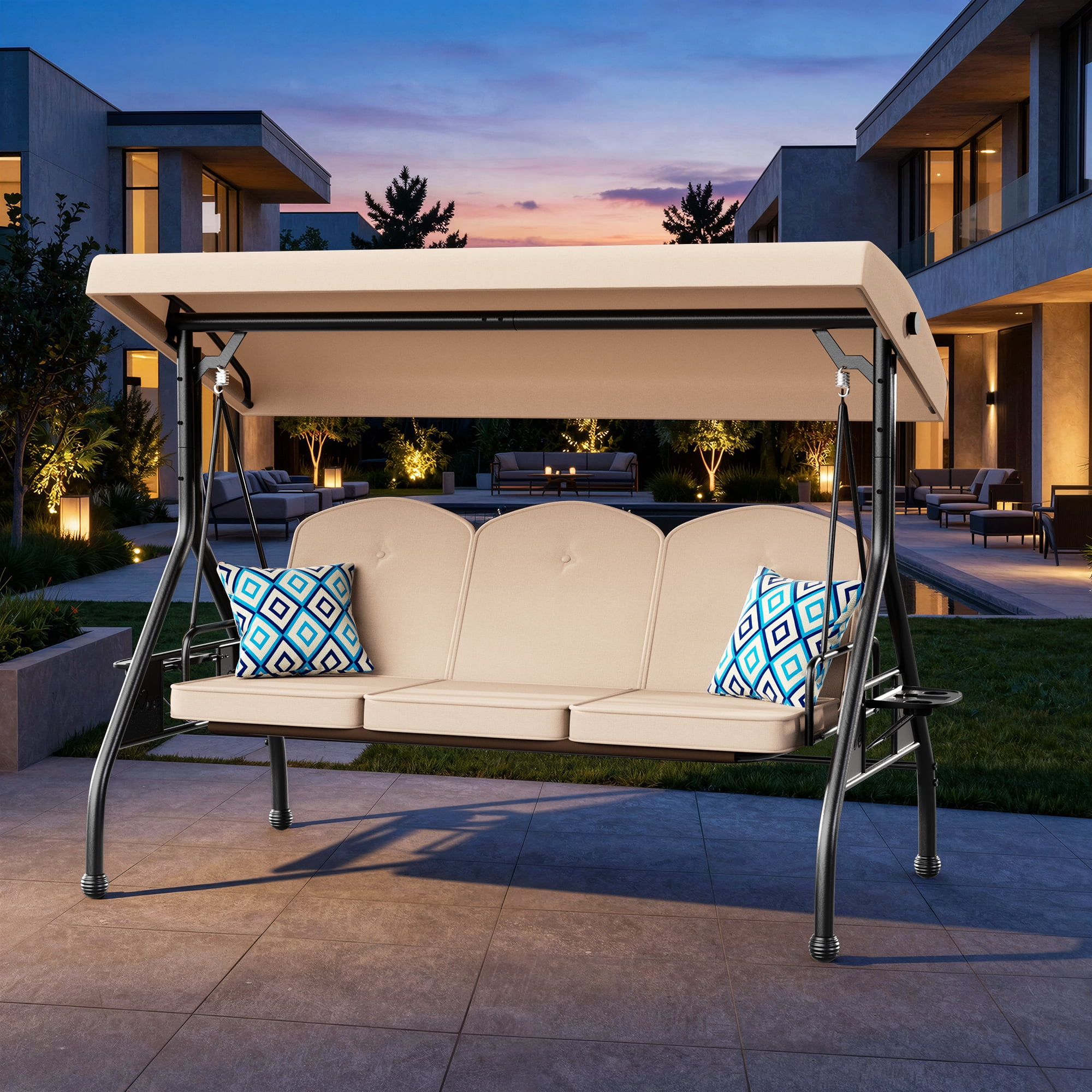 YIKEMA 3-Person Porch Swing with Stand 800lb Capacity Adjustable Canopy