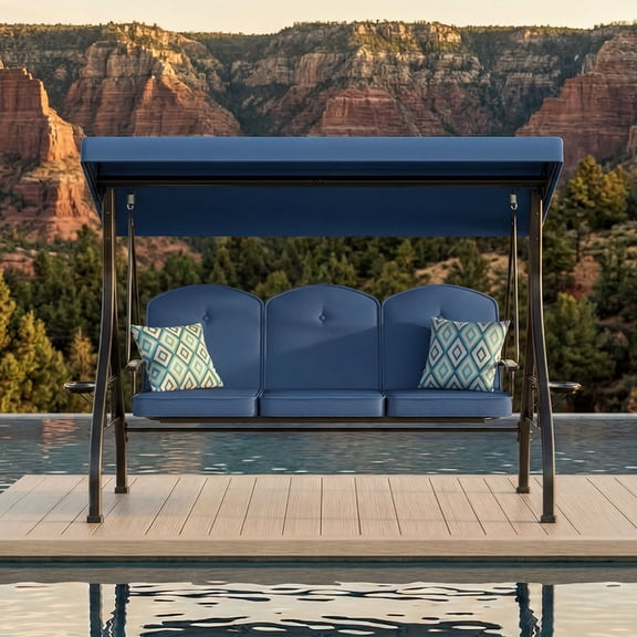 YIKEMA 3-Seat Iron Outdoor Porch Swing with Stand, Adjustable Canopy and Removable Cushions, 800 lbs Capacity, Blue