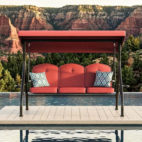 YIKEMA 3-Seat Iron Outdoor Porch Swing with Stand, Adjustable Canopy and Removable Cushions, 800 lbs Capacity, Red